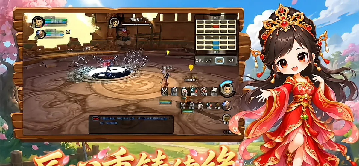 《桃园将帅录》游戏界面，红装女武将立在桃花布景前，背景为战斗场景