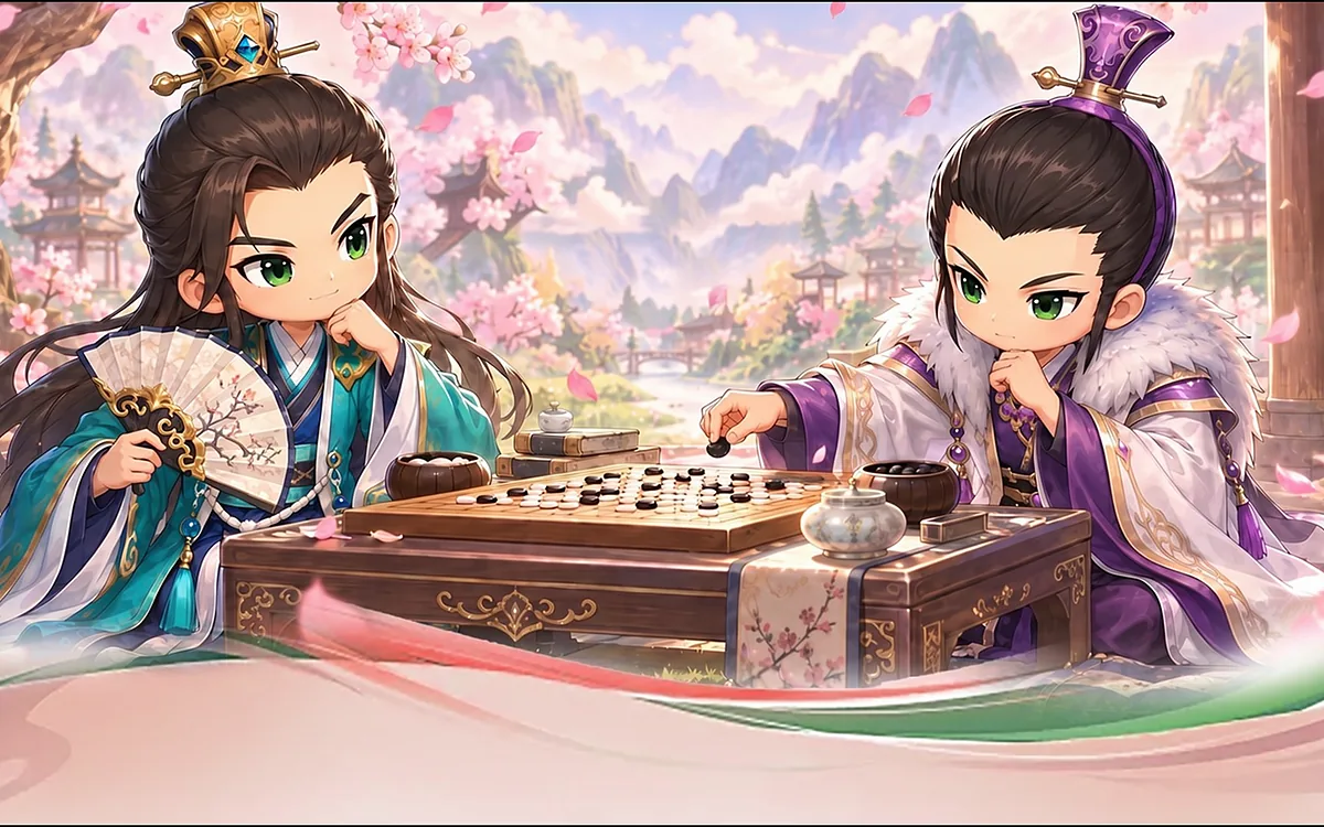 《桃园将帅录》桃园剧情插画，两位Q版三国武将在桃花树下对弈