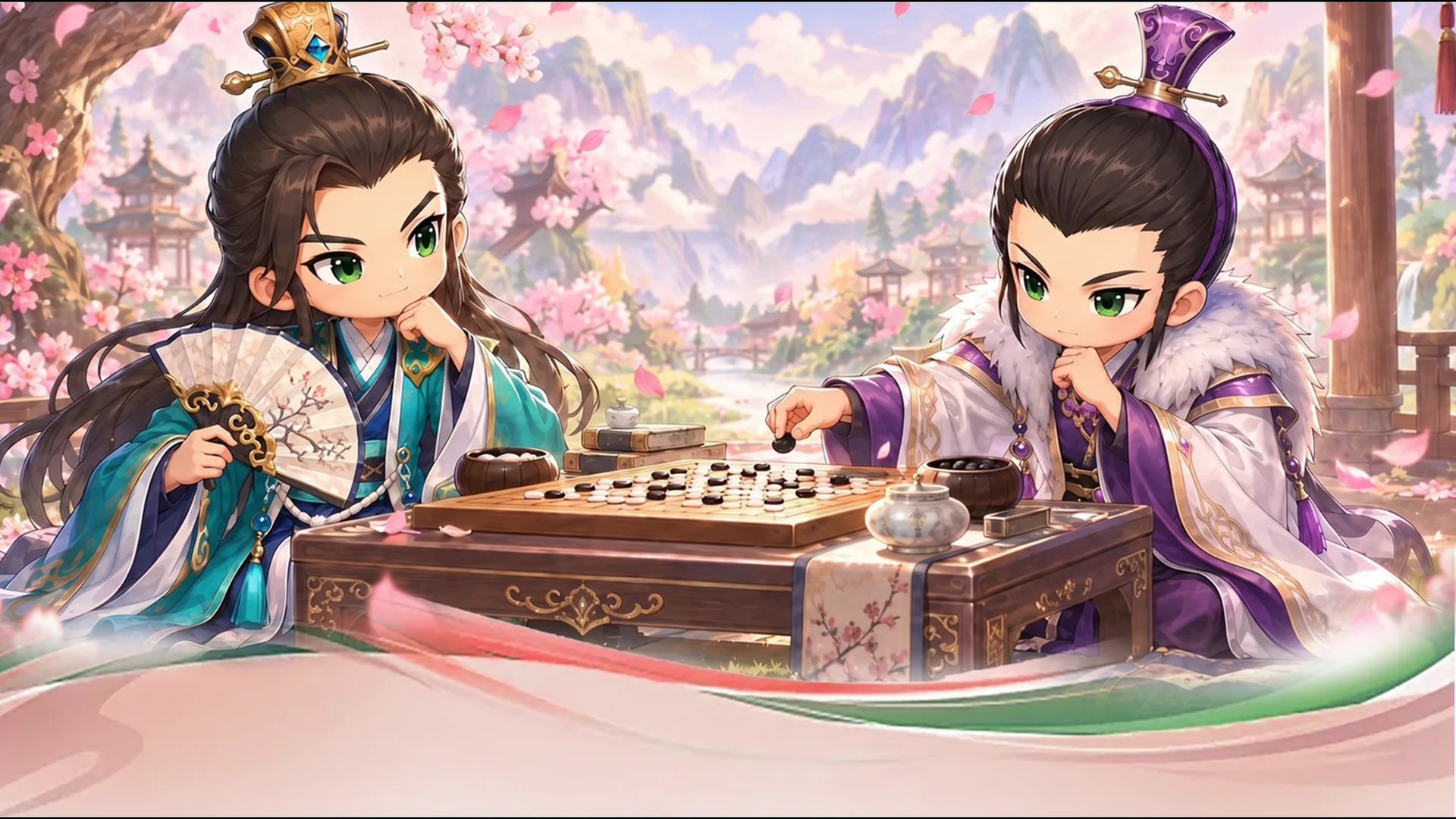 《桃园将帅录》主视觉：两位Q版三国武将在桃花树下对弈
